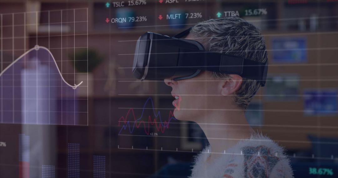 Woman Using VR Headset with Overlay of Financial Data Charts