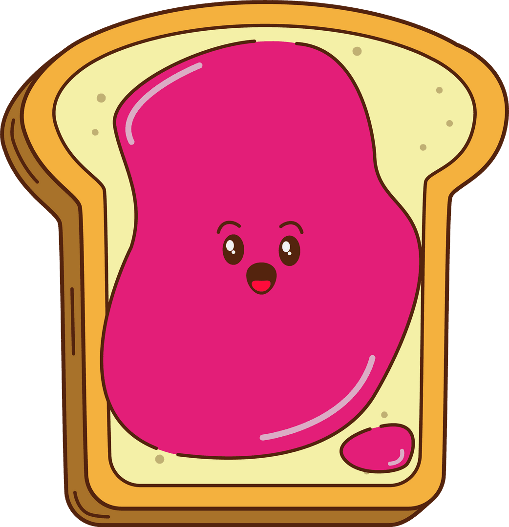 Cartoon Bread Slice with Friendly Pink Jelly on Transparent Background