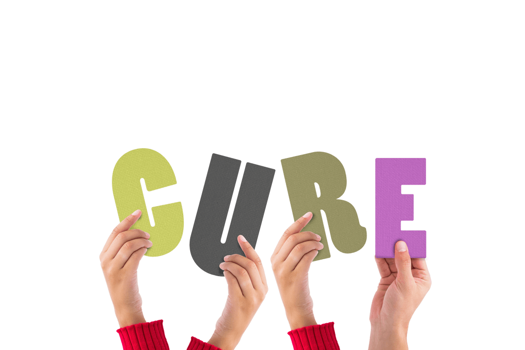 Hands Holding CURE Text Against Transparent Background for Message Concept