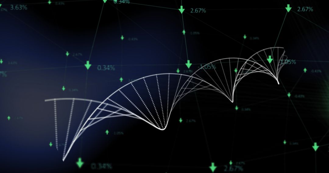 Digital DNA Strand with Dynamic Particle Swirl on Dark Background