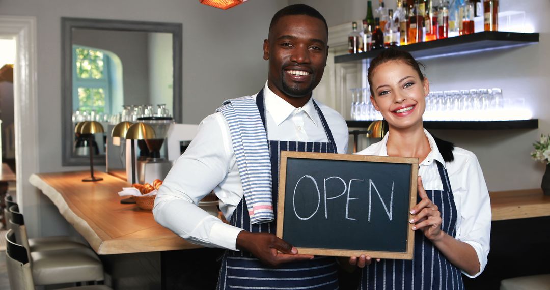 Friendly cafe owners holding open sign at trendy restaurant - Free Images, Stock Photos and Pictures on Pikwizard.com