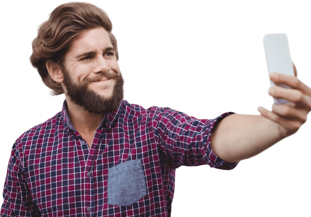 Bearded Hipster Taking Selfie on Transparent Background