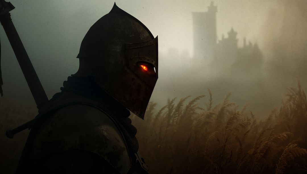 Armored Knight in Mysterious Misty Field with Castle in Background