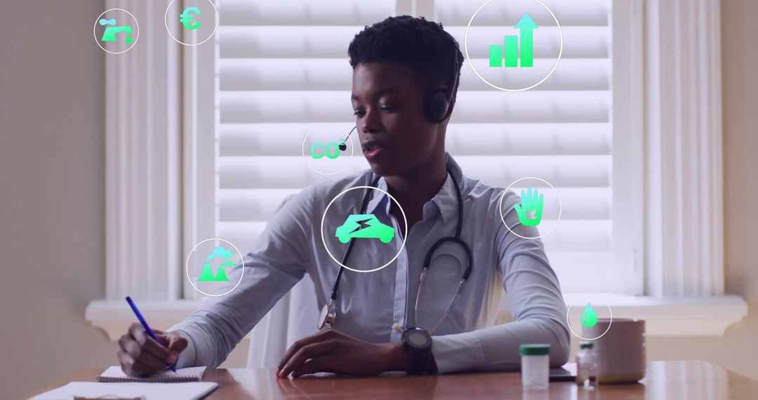 Remote clinician conducting telemedicine consultation with analytics overlay at home desk