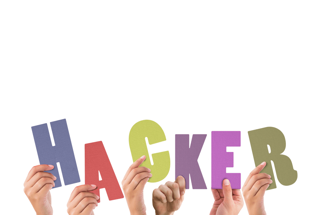 Colorful Hands Holding Hacker Text on Transparent Background
