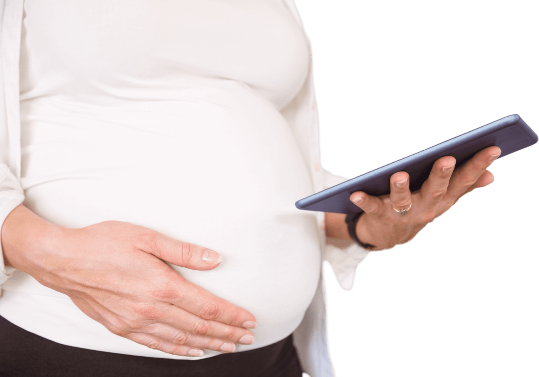Pregnant Woman Using Tablet with Transparent Background