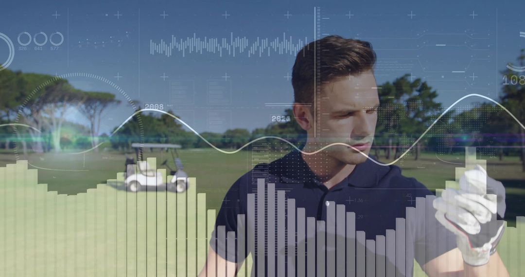 Golfer Analyzing Performance Metrics on Picturesque Golf Course