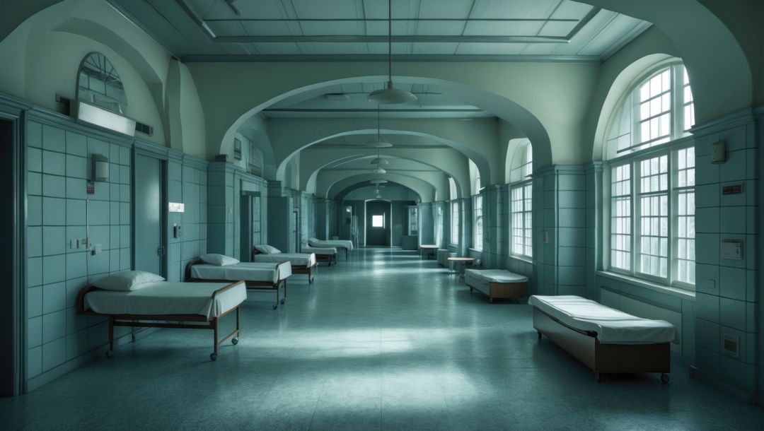Serene mental institution corridor with empty beds