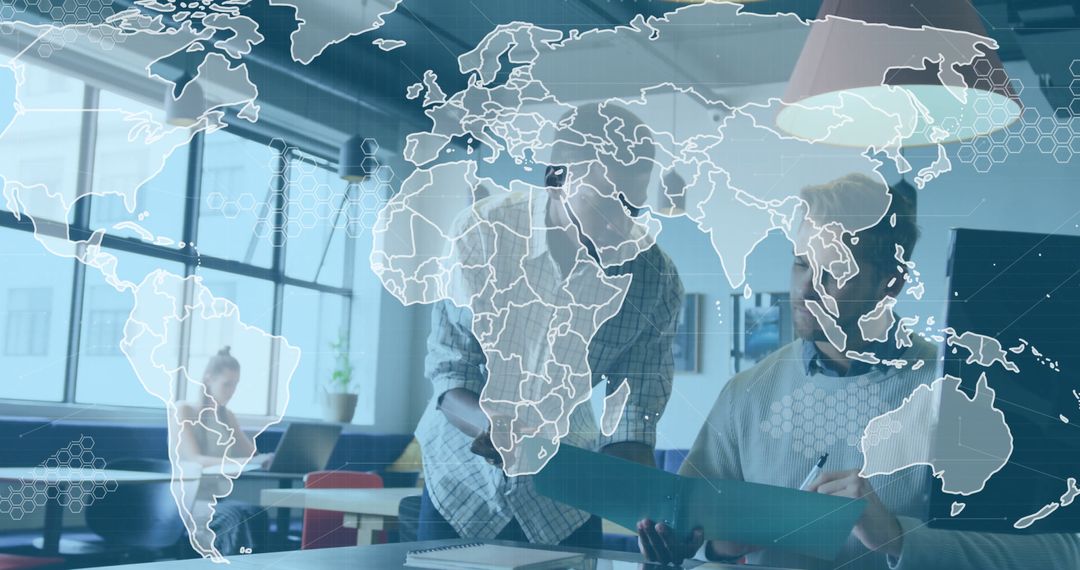 Business Team Collaborating in Modern Office with Digital World Map Projection