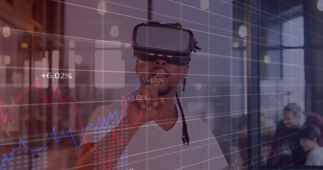 Man Exploring Virtual Financial Market with VR Headset