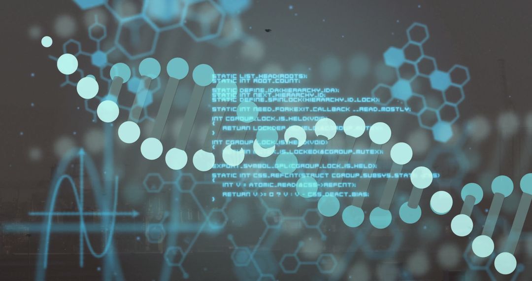 Futuristic DNA Double Helix with Code and Geometric Patterns