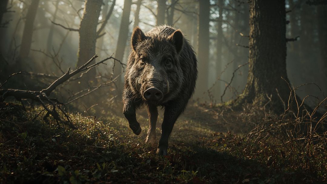 Wild Boar Walking in Mystical Forest