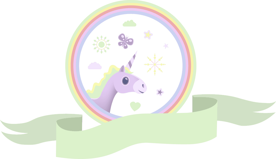 Unicorn in Rainbow Circle with Ribbon on Transparent Background
