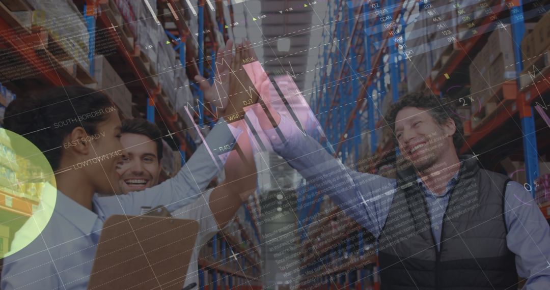 Warehouse Team Celebrating Success with Digital Overlay