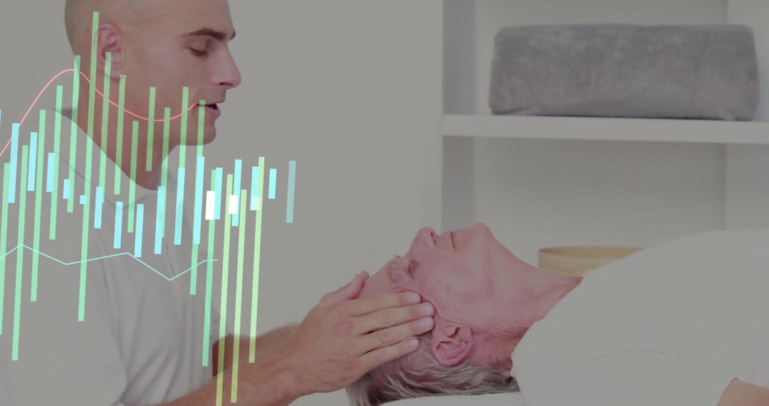 Therapist Adjusting Patient with Data Visualization Element