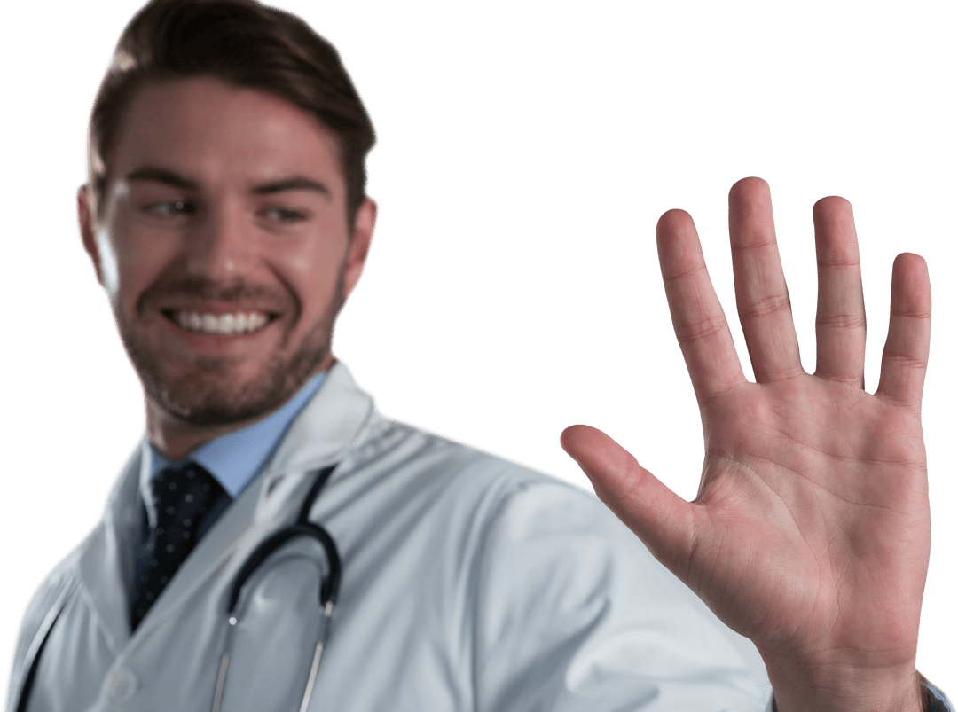 Doctor Interacting with Futuristic Transparent Screen