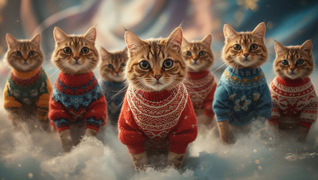 Enchanting Tabby Cats in Colorful Sweaters on Snowy Landscape
