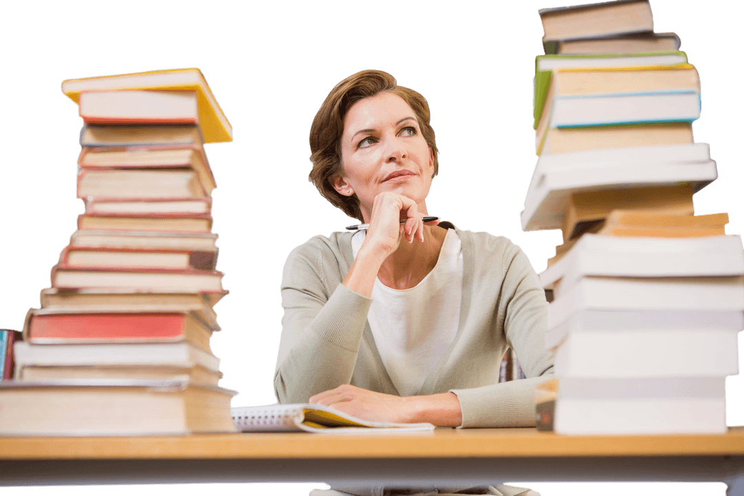 Transparent Pensive Teacher at Library Desk Surrounded by Stack of Books