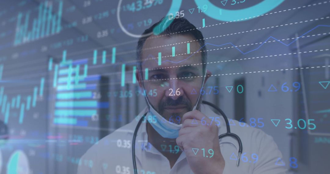 Doctor Analyzing Data with Transparent Digital Charts Overlay