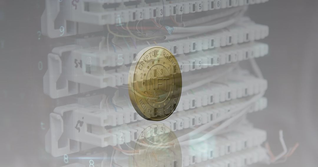 Digital Coin with NFT Theme Against Tech Background
