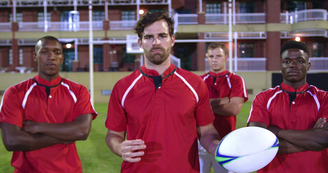 Confident Rugby Team Holding Ball on Field - Free Images, Stock Photos and Pictures on Pikwizard.com