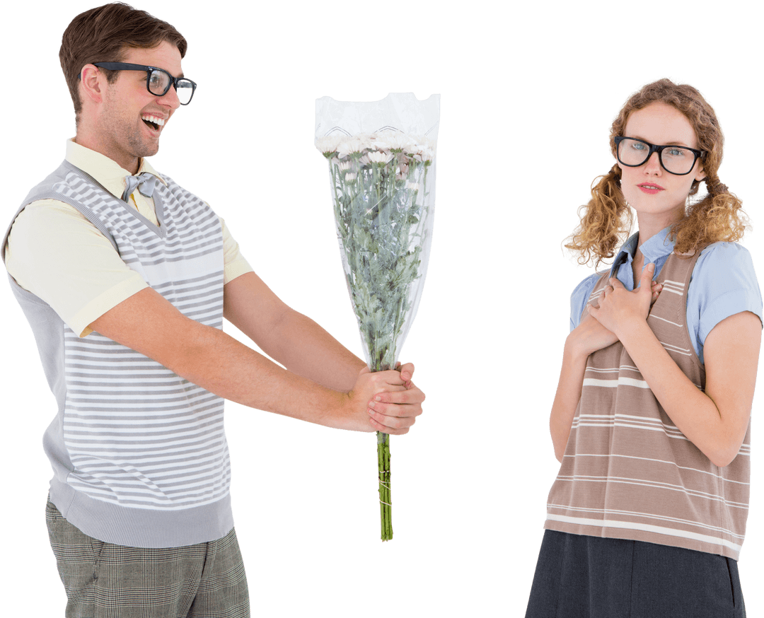Transparent Geeky Hipster Expressing Love with Flowers