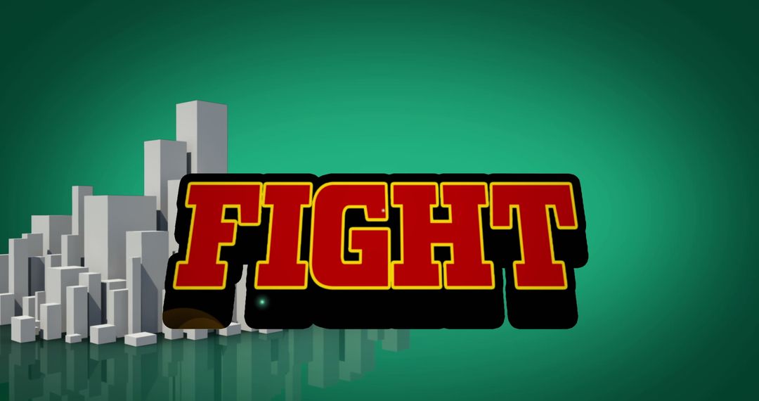 Fight Text Icon Over Stylized Cityscape Background