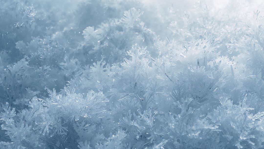 Shimmering Ice Crystal Frost Carpet Closeup, Macro Snowflake Texture for Winter Design
