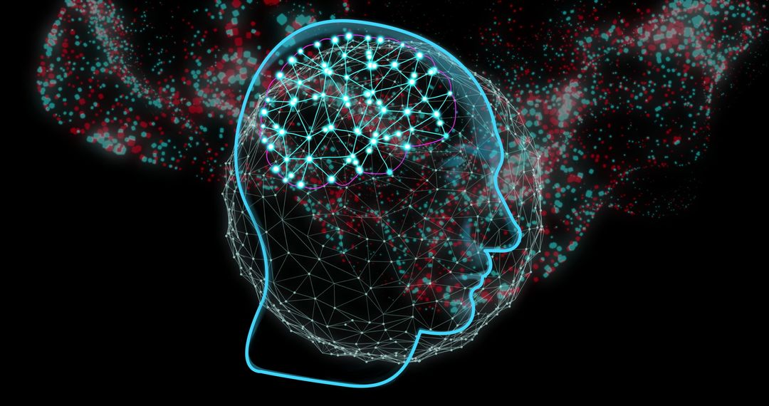 Neural Network Human Head Concept on Dark Background