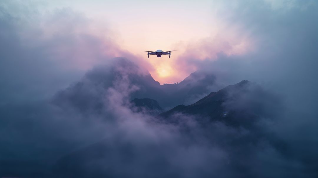 Hovering Drone Quadcopter Over Foggy Alpine Ridge at Sunrise with Misty Alpenglow