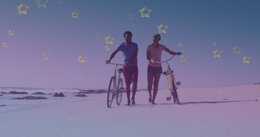 Joyful Couple Strolling with Bicycles on Tranquil Beach
