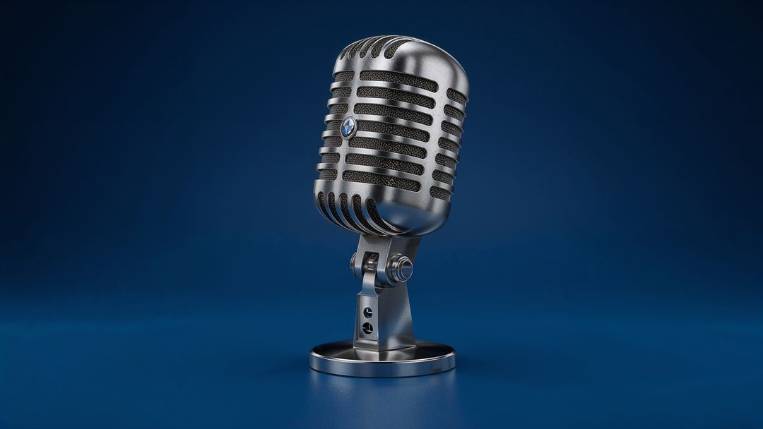 Retro silver microphone on stand in press release studio setting