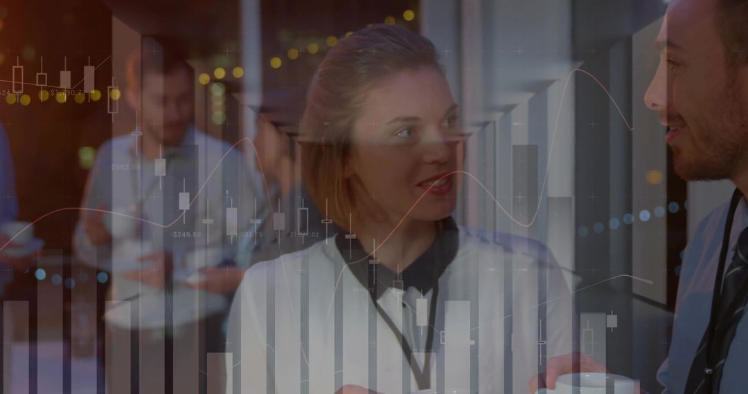 Professionals Networking and Discussing Data Analytics with Financial Charts Overlay