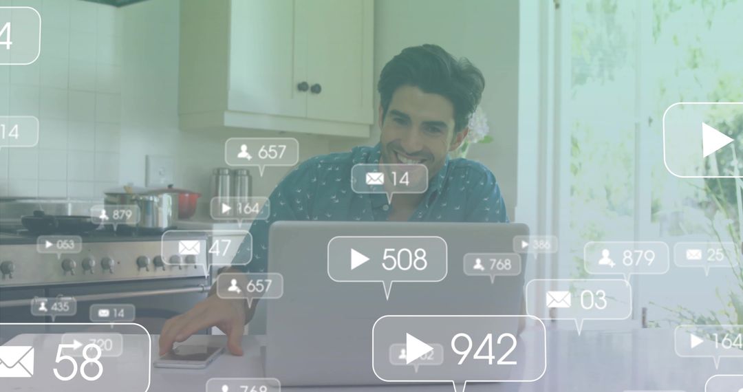 Smiling Man Working from Modern Kitchen with Digital Media Overlays