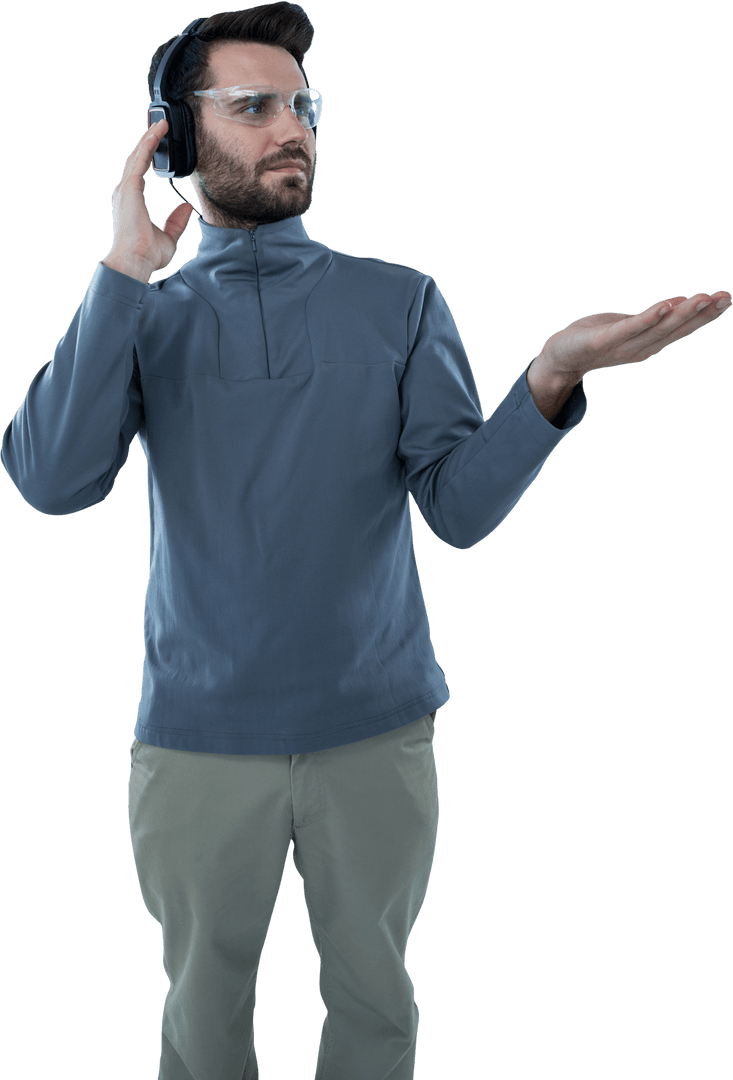 Transparent Man Gesturing with Headphones and Safety Glasses