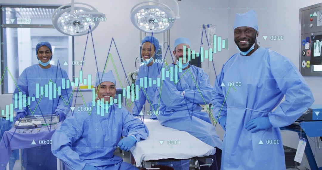 Smiling Surgical Team with Digital Charts in Modern Operating Room