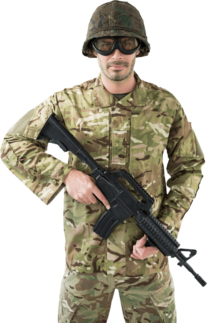 Transparent Portrait of Soldier in Camouflage Uniform Holding Rifle