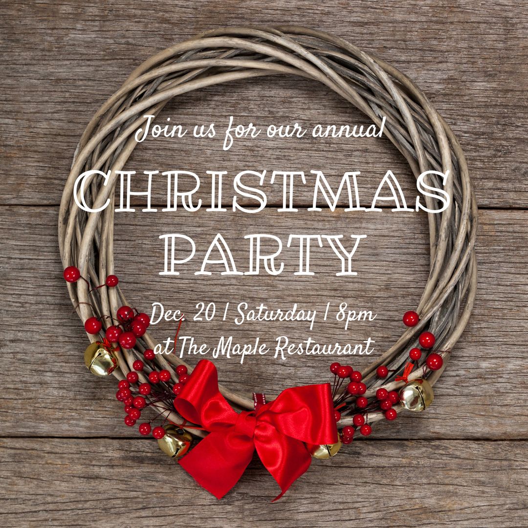 Rustic Wreath Christmas Party Invitation with Red Bow