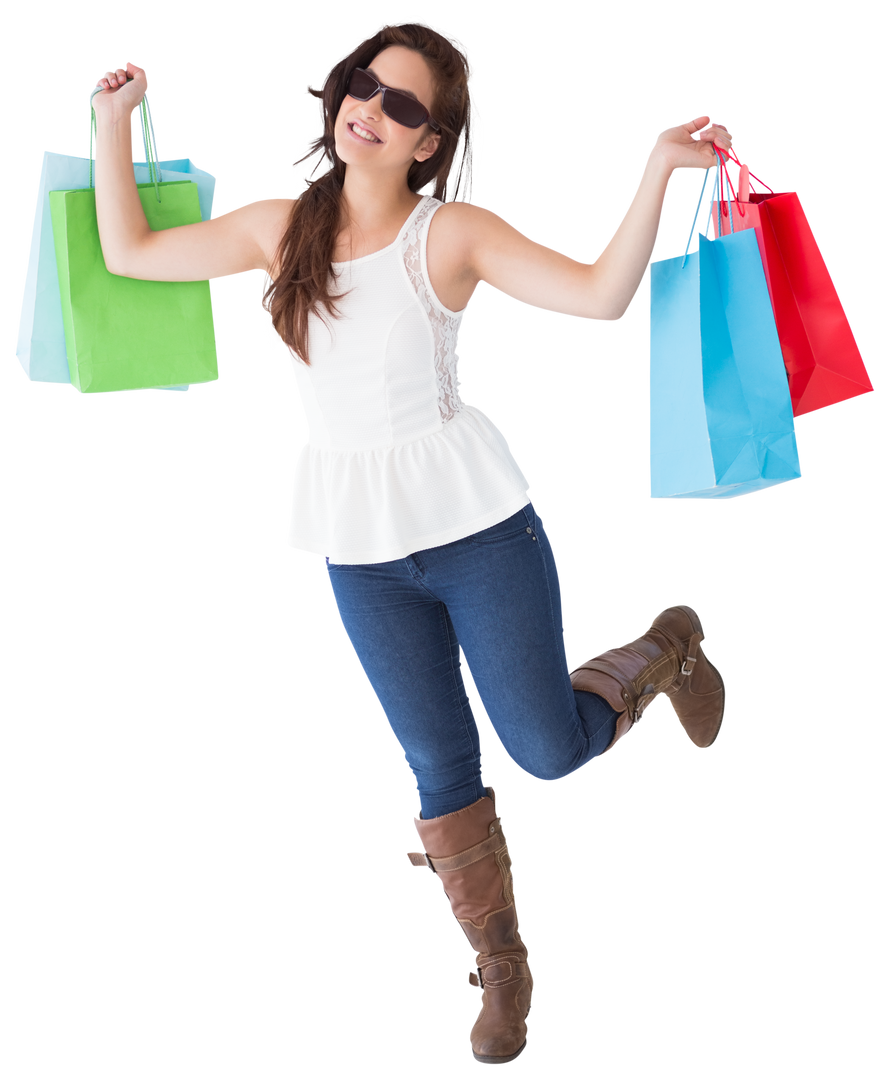 Happy Brunette Woman with Transparent Shopping Bags - Download Free Stock Images Pikwizard.com