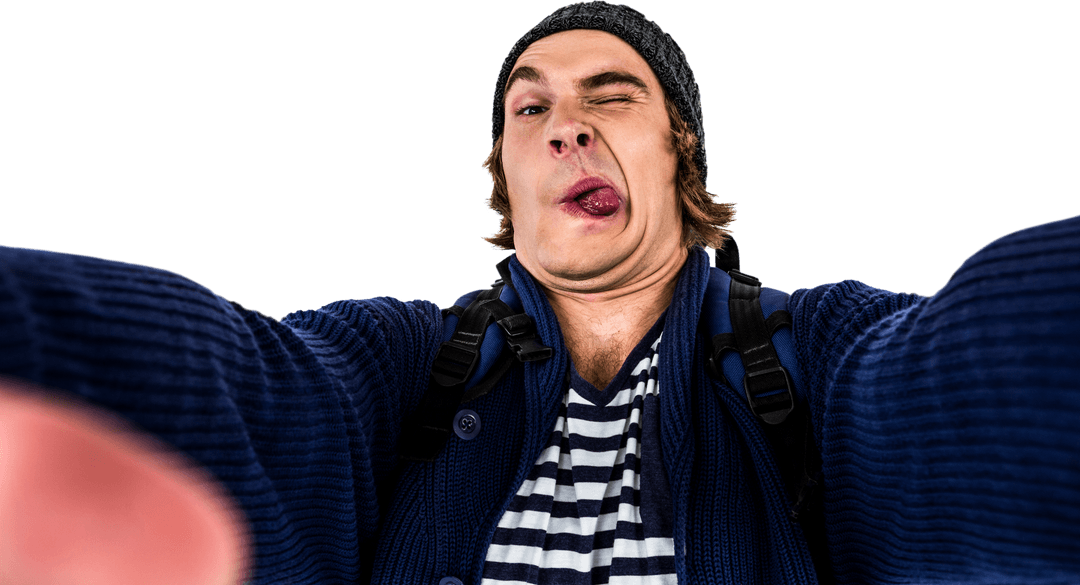 Transparent Background of Young Hipster Making Grimace with Camera