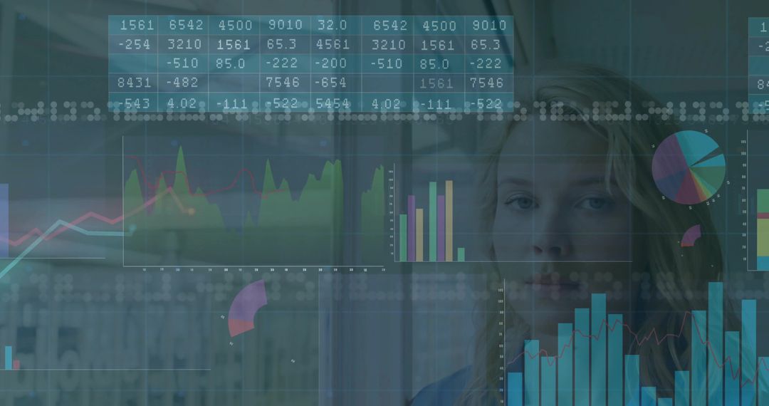 Woman Analyst Reviewing Financial Charts and Interactive Dashboard on Glass Wall