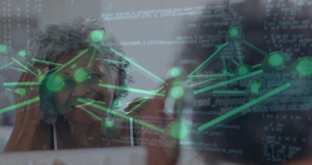 Senior woman gazing through window with glowing network and code overlay contemplating tech
