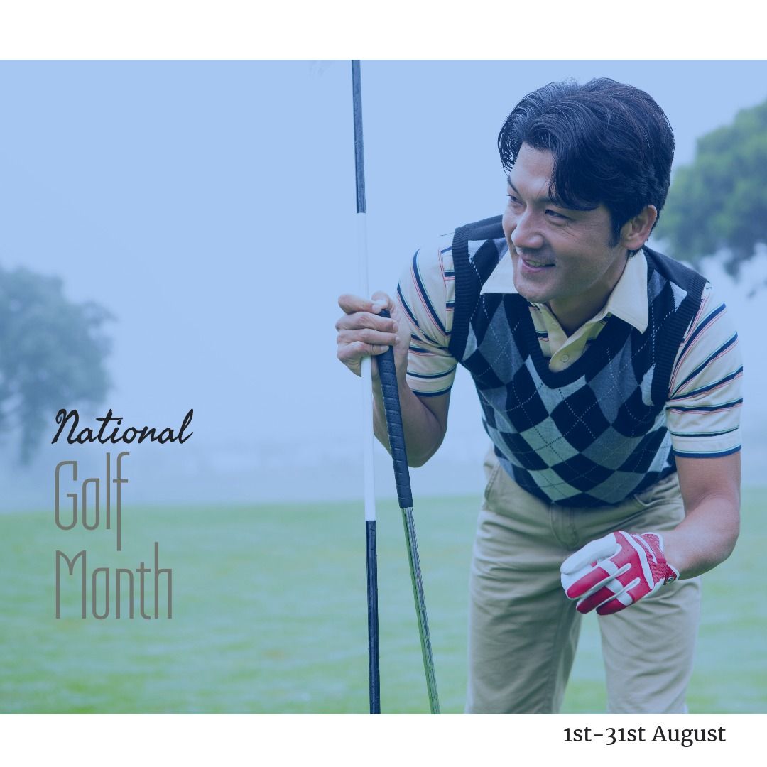Asian mid adult man with flagstick, golf club and national golf month text with 1st-31st august text - Download Free Stock Templates Pikwizard.com