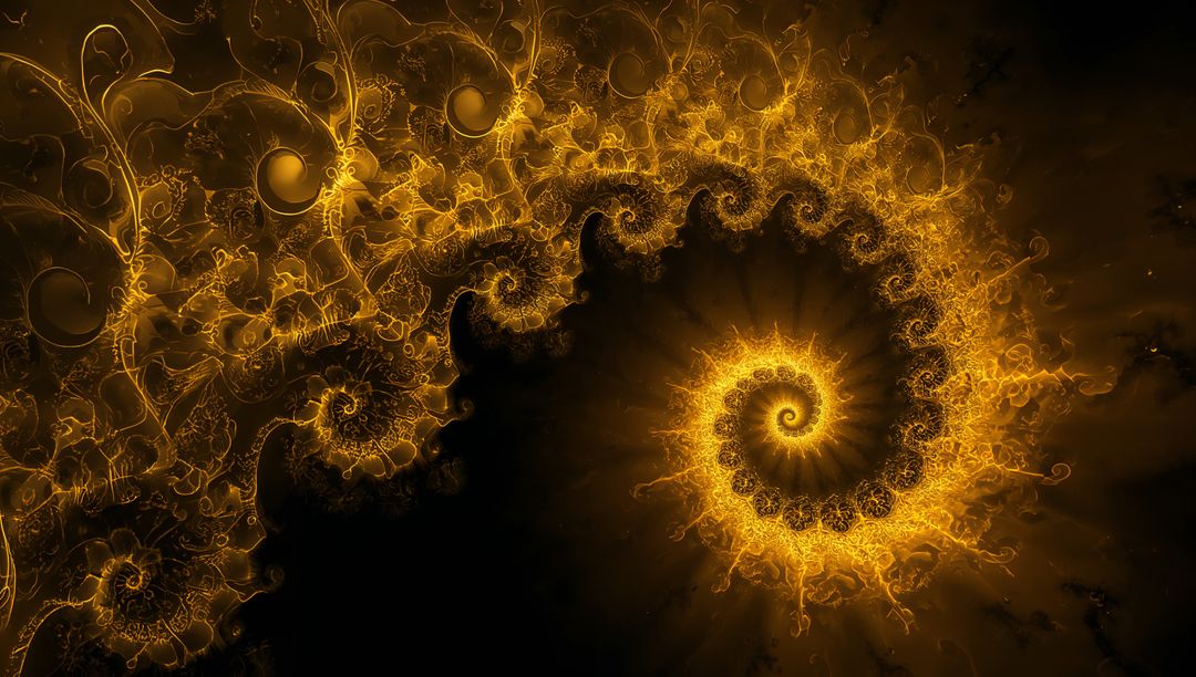 Golden Fractal Spiral Radiating Fiery Filigree Glow, Abstract Coil with Depth and Sparks