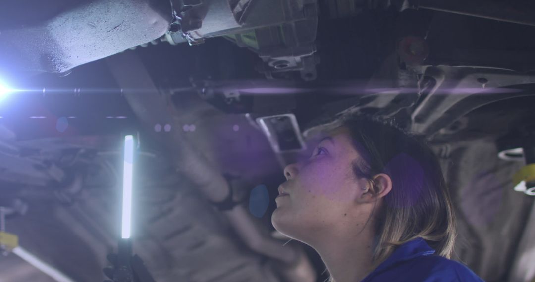 Female Mechanic Inspecting Vehicle Undercarriage with Light