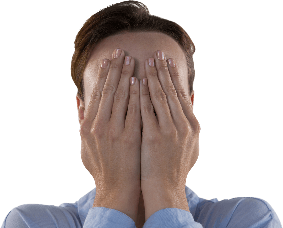 Transparent Businessman Covering Face in Embarrassment