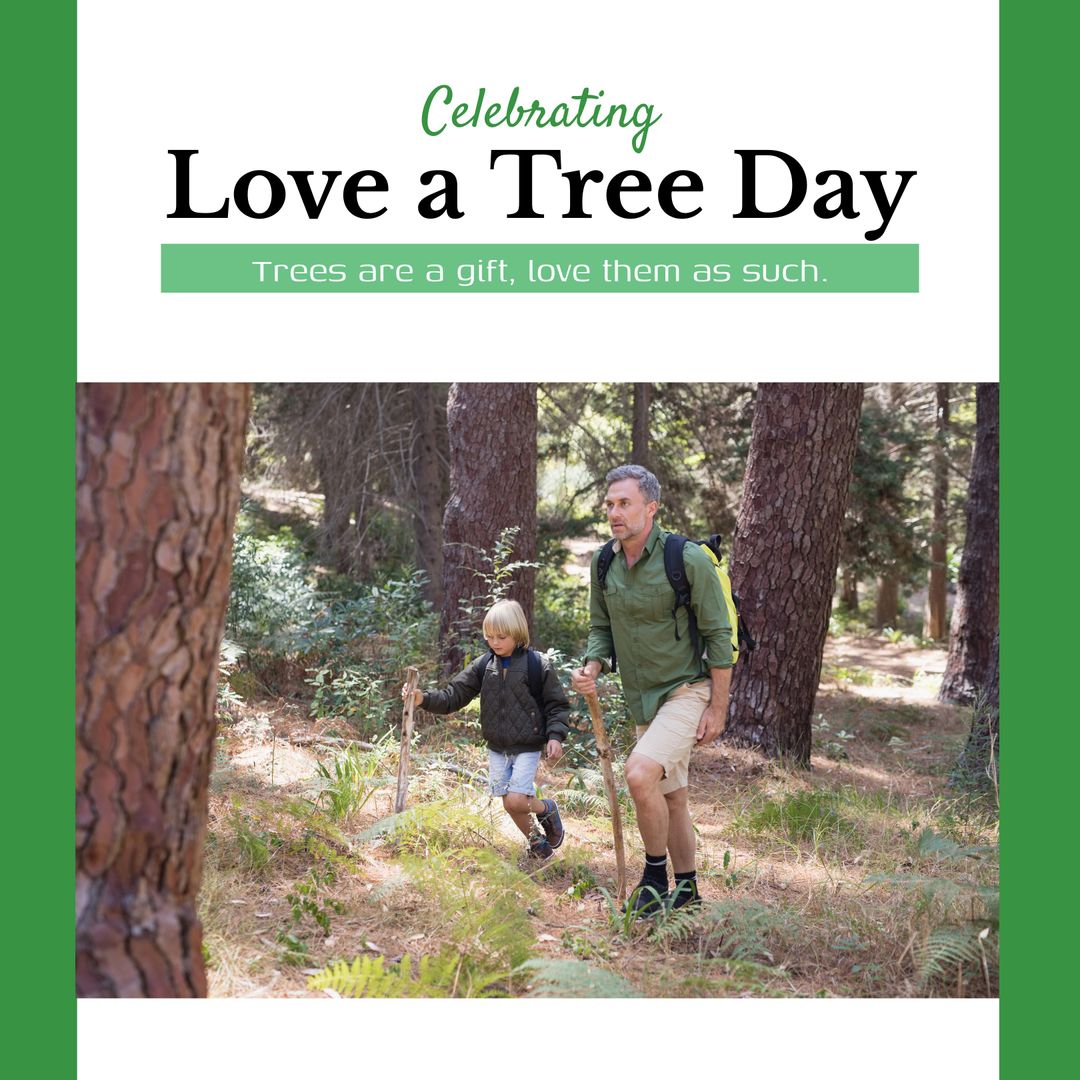 Father and Son Hiking Celebrating Love a Tree Day in Forest