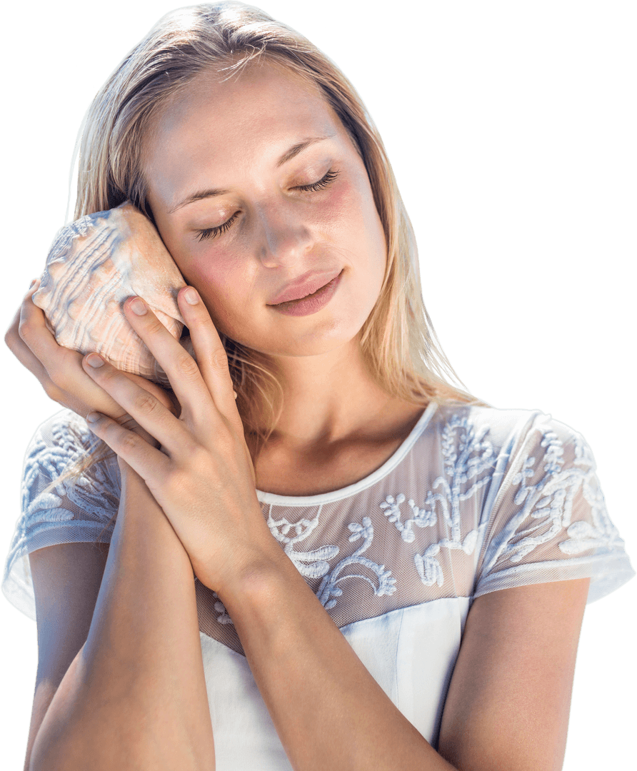 Peaceful Caucasian Woman Listening to a Shell on Transparent Background