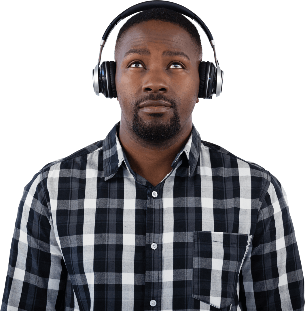 Thoughtful Man Wearing Headphones Looking Up Isolated Transparent