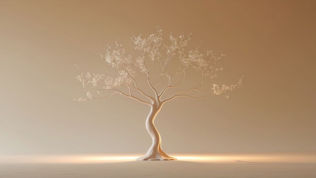 Minimalist twisted abstract tree sculpture in soft light, garden of eden concept